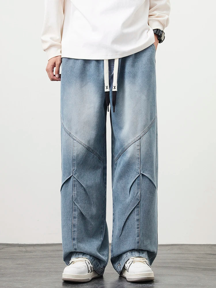 Big Size Men's Jeans 8XL 7XL 6XL String Banding Wide Leg Straight Denim Pants Washed Cotton Casual Baggy Jean Trousers Male