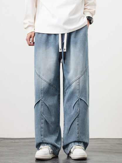 Big Size Men's Jeans 8XL 7XL 6XL String Banding Wide Leg Straight Denim Pants Washed Cotton Casual Baggy Jean Trousers Male