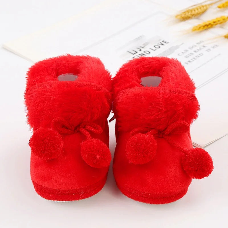 Winter Snow Baby Boots Faux Fur Warm Fluff Balls Indoor Cotton Soft Sole Infant Newborn Toddler Baby Shoes 0-18M