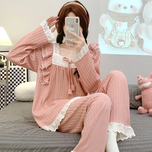 5XL Plus Size Spring Ladies Pajamas Set Princess Style Cotton Soft Sleepwear Square Neck Long-sleeve Trousers suit Household Wear