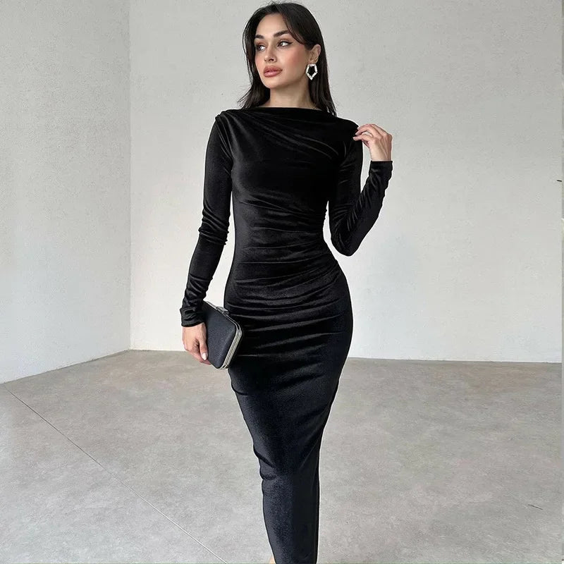 BWQ 2025 Spring Summer Velvet Long Sleeve Midi Dress For Women Ruched Long Dress Elegant Party Clothes Evening Green Outfits