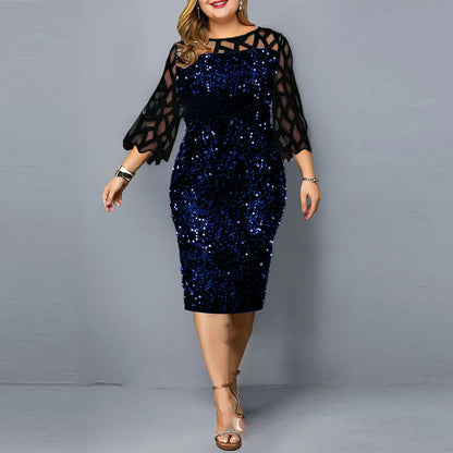 Elegant Sequin Plus Size 4XL 5XL Women Midi Dress Sexy Casual Evening Party Dress Gown Wedding Luxury Robe Rouge Vestidos
