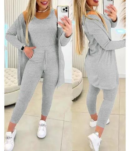 Elegant Fall Outfits Women 2025 Suit Fashion Versatile Casual Round Neck Tank Top & Drawstring Pants Set with Coat Three-piece
