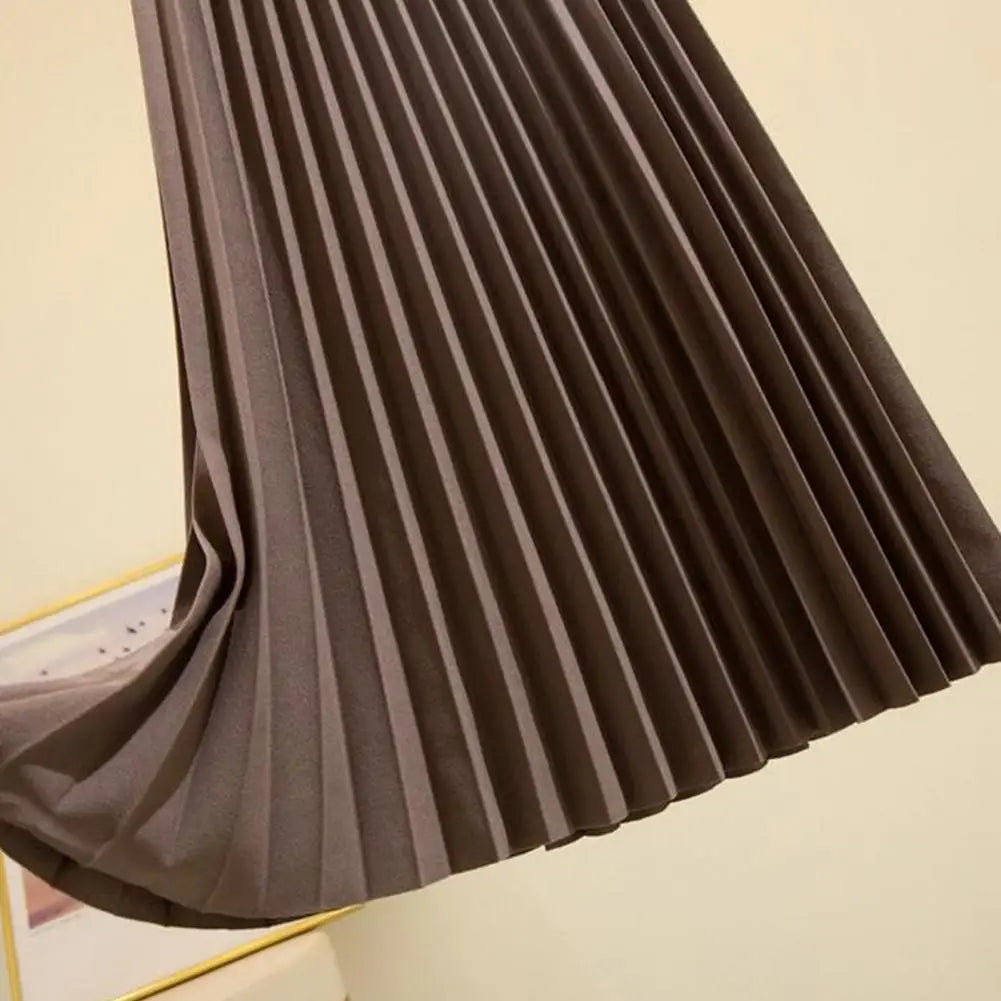 High Waist Pleated Skirt Elegant Women's Maxi Skirt with Elastic High Waist A-line Design Pleated Large Hem Solid Color for Work