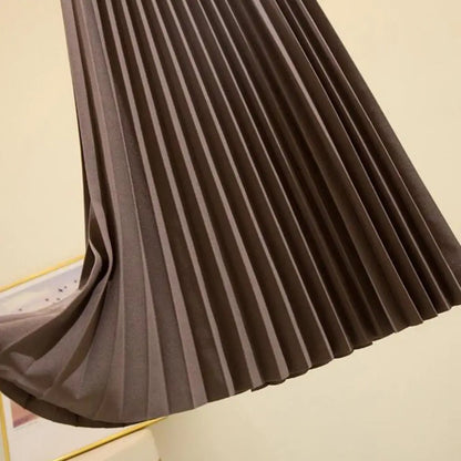 High Waist Pleated Skirt Elegant Women's Maxi Skirt with Elastic High Waist A-line Design Pleated Large Hem Solid Color for Work