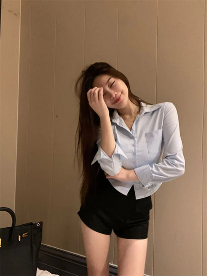 Korean White Office Women Chiffon Shirt Pocket Button Lapel Ladies Blouse Spring Commuter Long Sleeve New Female Crop Tops