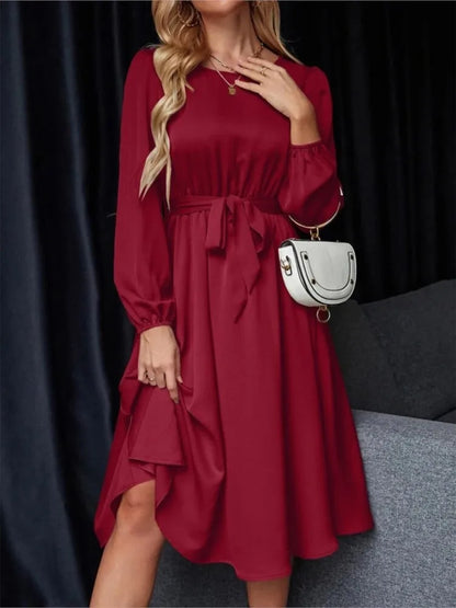 Summer Women's New Fashion Lantern Sleeves Keyhole Back Lace Up Waist Satin Round Neck Long Sleeve Medium Length Dress