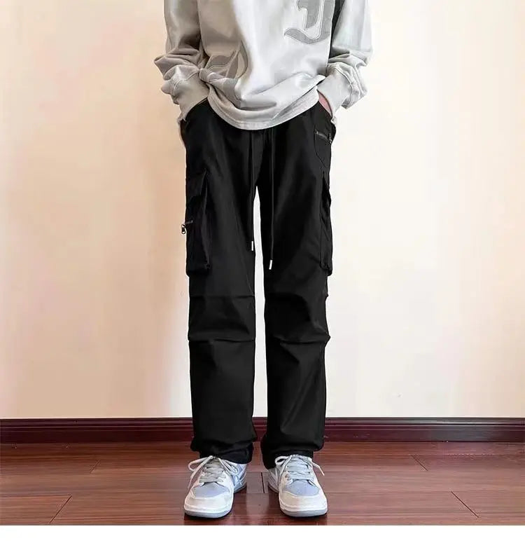 New Overalls Men's Spring Summer Retro High Street Casual pants Large Pocket Trousers Loose Straight Tube Draped Wide-leg Pants