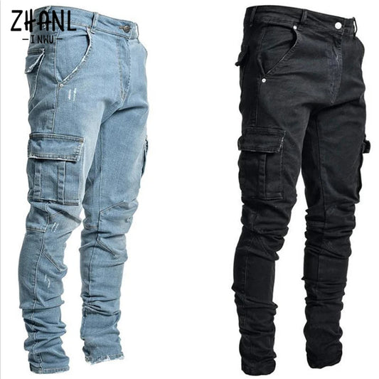 Jeans Men Pants Wash Solid Color Multi Pockets Denim Mid Waist Cargo Jeans Plus Size Fashion Casual Trousers Male Daily Wear