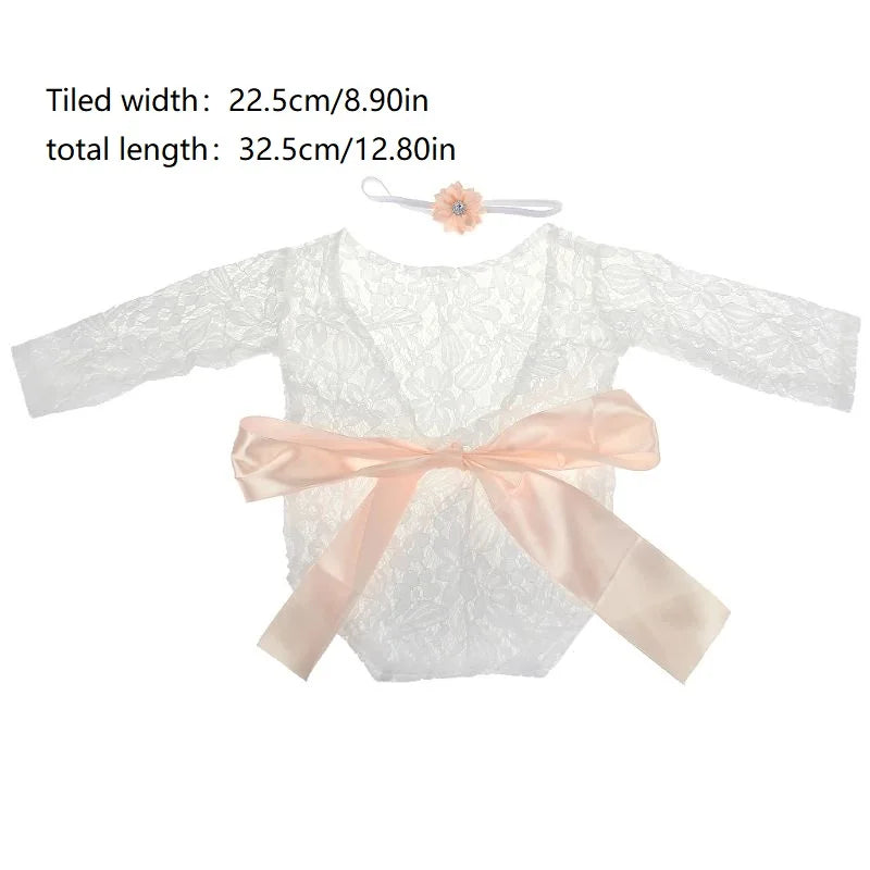 2 Pcs 0-1 Month Newborn Photography Props Baby Headband Lace Romper Bodysuits Outfit Girl Costume Photo Clothing