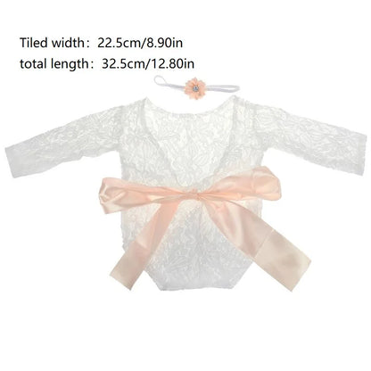 2 Pcs 0-1 Month Newborn Photography Props Baby Headband Lace Romper Bodysuits Outfit Girl Costume Photo Clothing