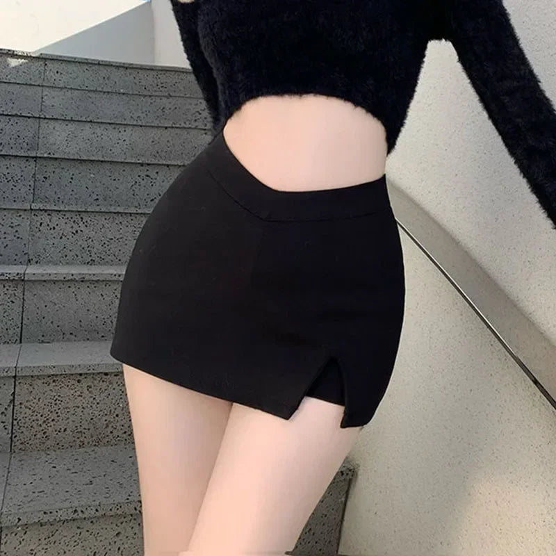 2025 Black Split Mini Skirts Women Summer Club High Waist Slit Skirt Streetwear Korean Party Fashion Irregular Slim A Line Skirt