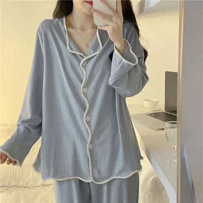 Women Long Sleeve Trousers Cotton Pajamas Dormir Lounge Sleepwear Solid White Pajama Mujer Bedroom Home Clothes Female Pajamas