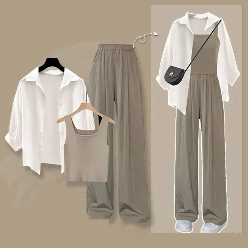 2025 Summer New Fashion Tracksuit Matching Set Women's Elegant White Sunscreen Shirt+ Vest+ Casual Wide Leg Pants 3-Piece Suit