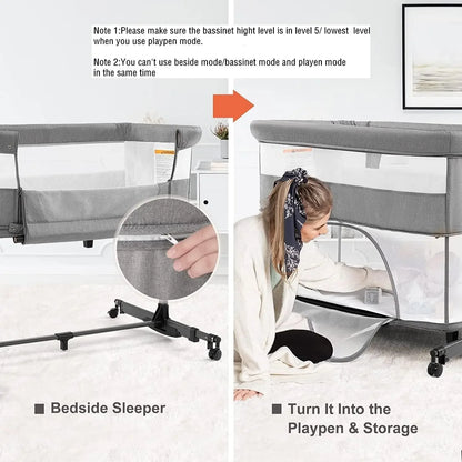 3 in 1 Baby Crib Adjustable Portable Bed for Infant, Baby Bassinet with Mosquito net Baby Newborn Must Have Bed, Grey