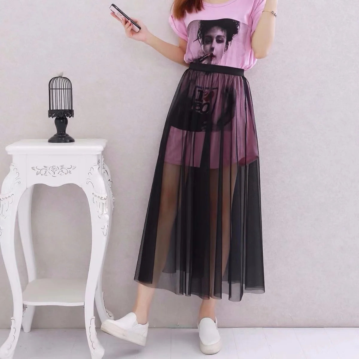 Women's Perspective Mesh Half Skirt Single Layer Long Skirt