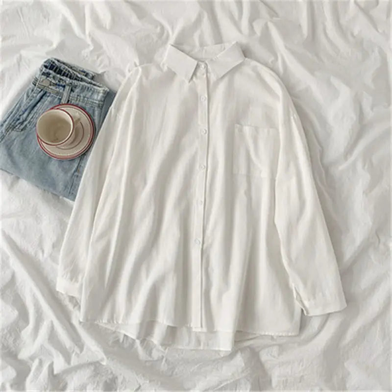 Solid White Shirt Women Casual Turn Down Collar Long Sleeve Pocket Women's Tops And Blouses Spring Office Lady Plus Size Shirts