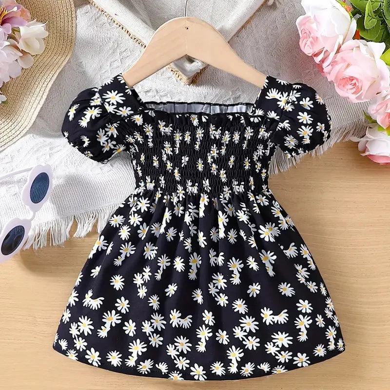 2025 Summer Children Fashion Print Dress Girls Korean Version Style Short Sleeves Small Daisy Dress 0-2Years Baby Princess Dress