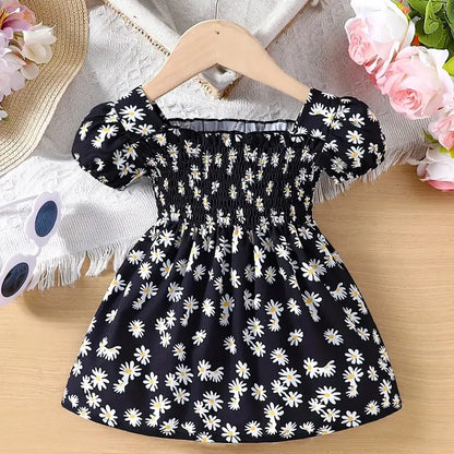 2025 Summer Children Fashion Print Dress Girls Korean Version Style Short Sleeves Small Daisy Dress 0-2Years Baby Princess Dress