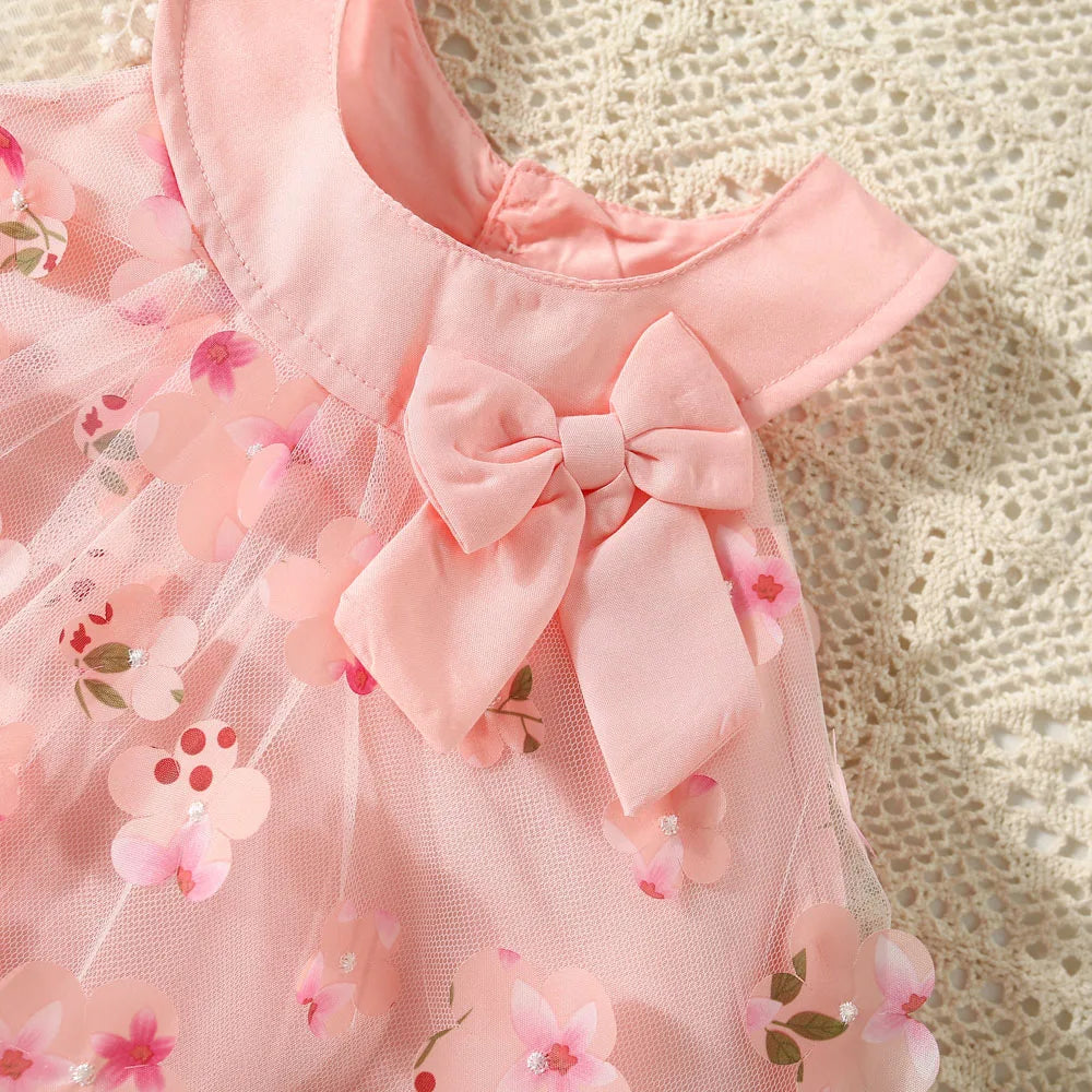 (0-3 Years Old) Summer Mesh All Over Flower Bow Baby Girl Dress Cute Sleeveless Girl Princess Dress