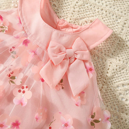 (0-3 Years Old) Summer Mesh All Over Flower Bow Baby Girl Dress Cute Sleeveless Girl Princess Dress