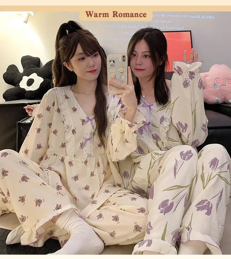 5XL Plus Size Pajama Set Women Lace Sweet Home Clothes Spring Autumn Long Sleeve Tops Trousers Loose-fit Comfortable Loungewear