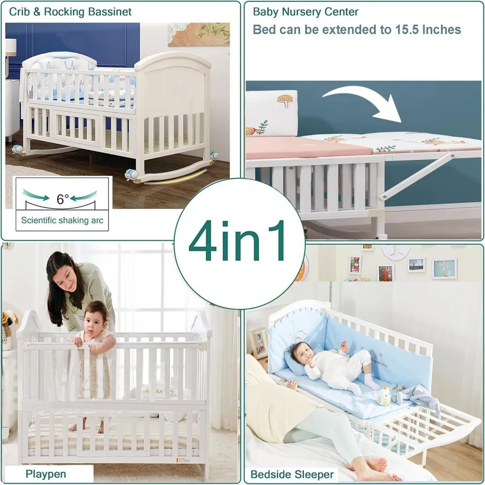 Mini Baby Crib 4 in 1 Convertible with Memory Foam Mattress(38"by 24") Included, Cunas para Babes 2024 Natural Wood Portable Crib