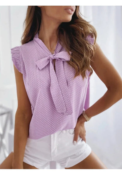 Summer Women Elegant Ruffles Sleeveless Polka Pot Lace Up Tie Bow Blouses and Shirts Casual Oversize Tops Sexy Pullover Tunic