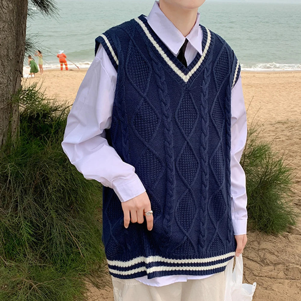 Men's Classic Contrast Color Thermal V-Neck Comfortable Cardigan Sleeveless Slight Stretch Solid Vest Simple Loose Waistcoat Tops