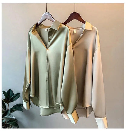 Spring Fashion Button Satin Silk Shirt Hong Kong Style Retro Shirt Women's White Top Women's Long sleeved Women's Loose Street