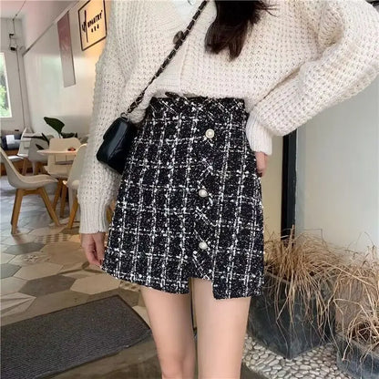 Tweed Skirts for Women Solid High Waist Slimming Skirts Autumn Spring 2025 Buttons Double Breasted Tweed Wool Mini Skirt