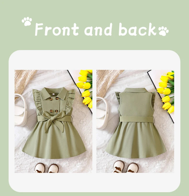Wholesale Kids Girls Retro Solid Color Trench Belted Dress Double Breasted Elegant Summer Baby Dress