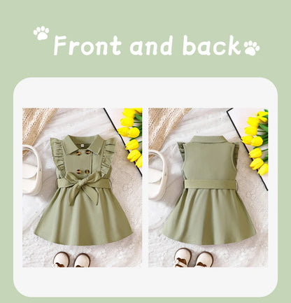 Wholesale Kids Girls Retro Solid Color Trench Belted Dress Double Breasted Elegant Summer Baby Dress