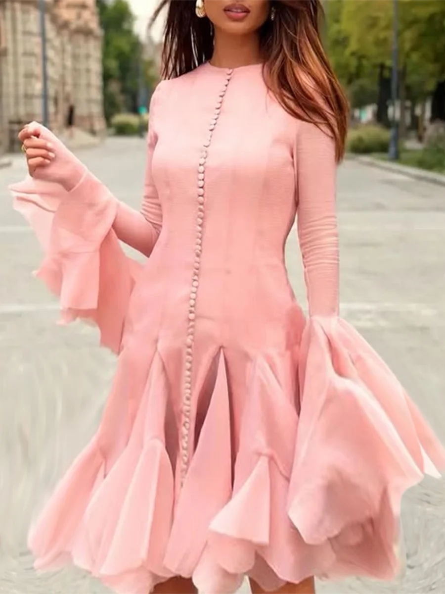 TWOTWINSTYLE Pink Patchwork Ruffle Dress For Women Round Neck Flare Sleeve High Wait Slim Elegant Midi 107CM Dress Female 2025