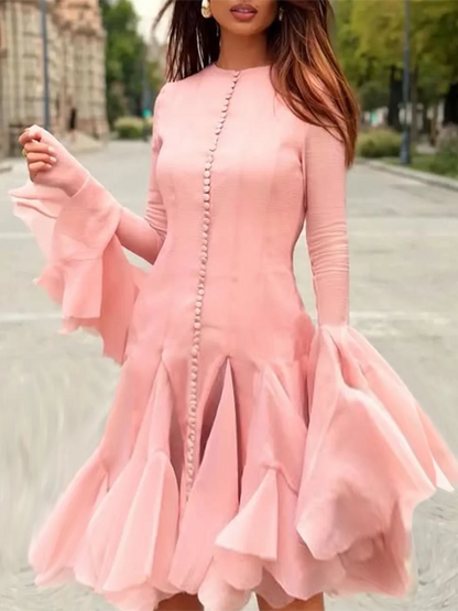 TWOTWINSTYLE Pink Patchwork Ruffle Dress For Women Round Neck Flare Sleeve High Wait Slim Elegant Midi 107CM Dress Female 2025