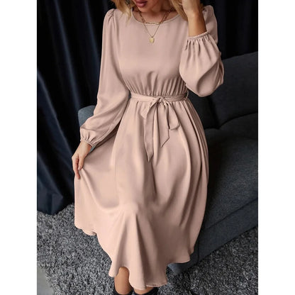 Summer Women's New Fashion Lantern Sleeves Keyhole Back Lace Up Waist Satin Round Neck Long Sleeve Medium Length Dress