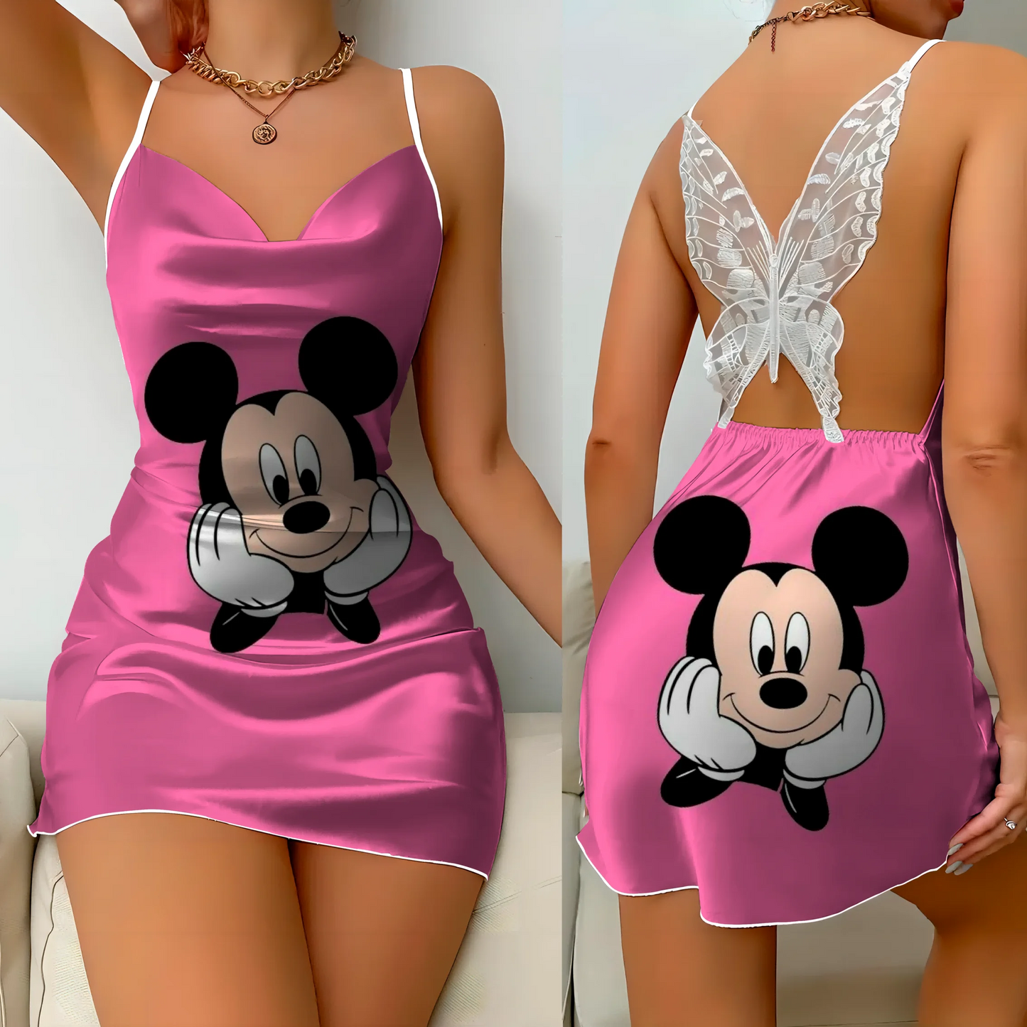 Mini Dress Pajama Skirt Bow Knot Party Dresses Satin Surface Minnie Mouse Disney Mickey Women's Fashion Summer 2025 Elegant Women