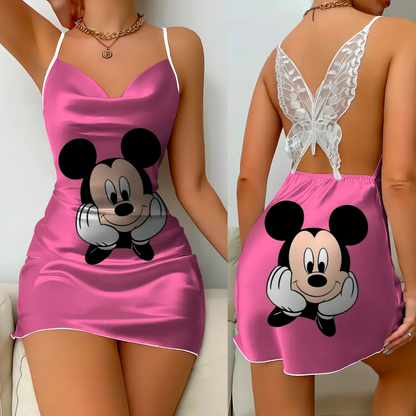 Mini Dress Pajama Skirt Bow Knot Party Dresses Satin Surface Minnie Mouse Disney Mickey Women's Fashion Summer 2025 Elegant Women