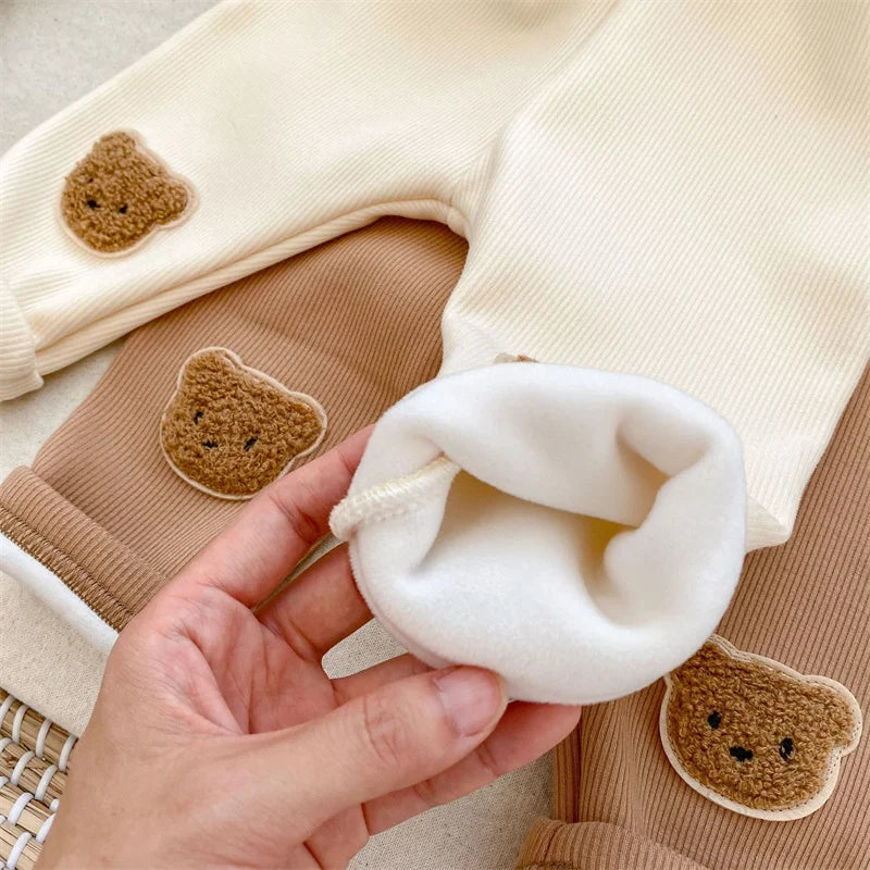 0-3T Newborn Kid Baby Boy Girl Winter Clothes Warm Plush Baby Pants Thick Cotton Stretch Bear Print Leggings Cute Outfit
