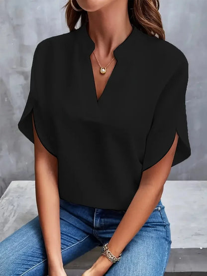 Summer Elegant Women's Blouse New V-neck Short Sleeve Solid Color Loose Shirt Casual White Tops Office Lady Blouse