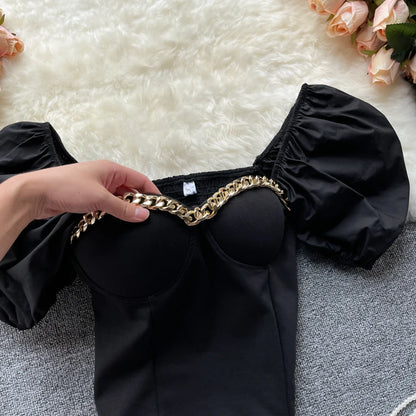 Belly Button Shirt Chic Chain Off Shoulder Expose Clavicle Tank Top Summer Puff Sleeve Crop Tops Women Elegant Sexy Slim Blouses