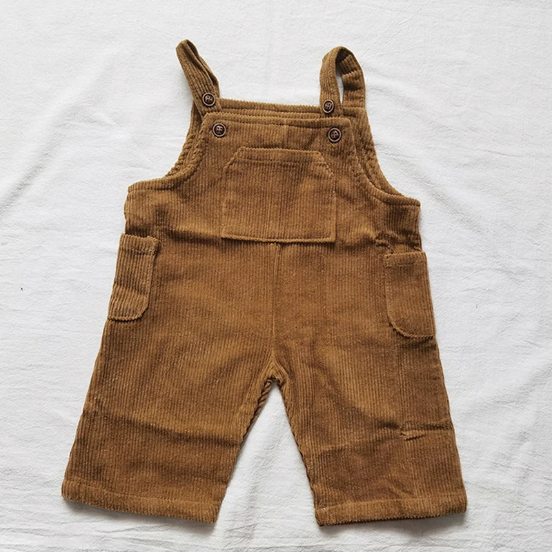 2025 New Korean Toddler Baby Boys Corduroy Overalls Casual Look Front Pocket One Piece Baby Pants Girls Trousers