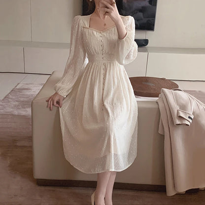 2025 Summer New Women Fashion Elegant White Midi Dresses Vintage Princess Female Party A Line Clothes Prom Robe Vestdios