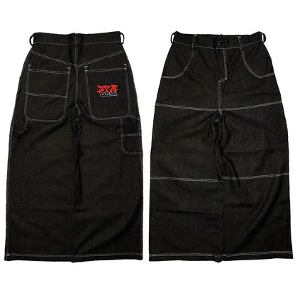 Y2K New PROTECT Jeans Letter Embroidery Washed Blue Baggy Jeans Men and Women Retro Harajuku Hip-Hop High Waist Wide Leg Trouser