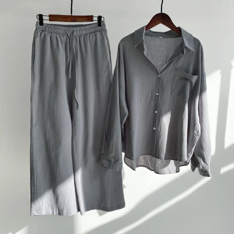 Loose Solid Color Cardigan Shirt Wide Leg Pants Women's 2-piece Set Of Retro Cotton Linen Shirt High Waist Long Pants Set Outfit