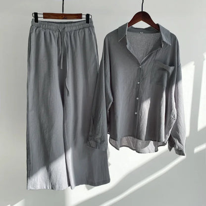 Loose Solid Color Cardigan Shirt Wide Leg Pants Women's 2-piece Set Of Retro Cotton Linen Shirt High Waist Long Pants Set Outfit