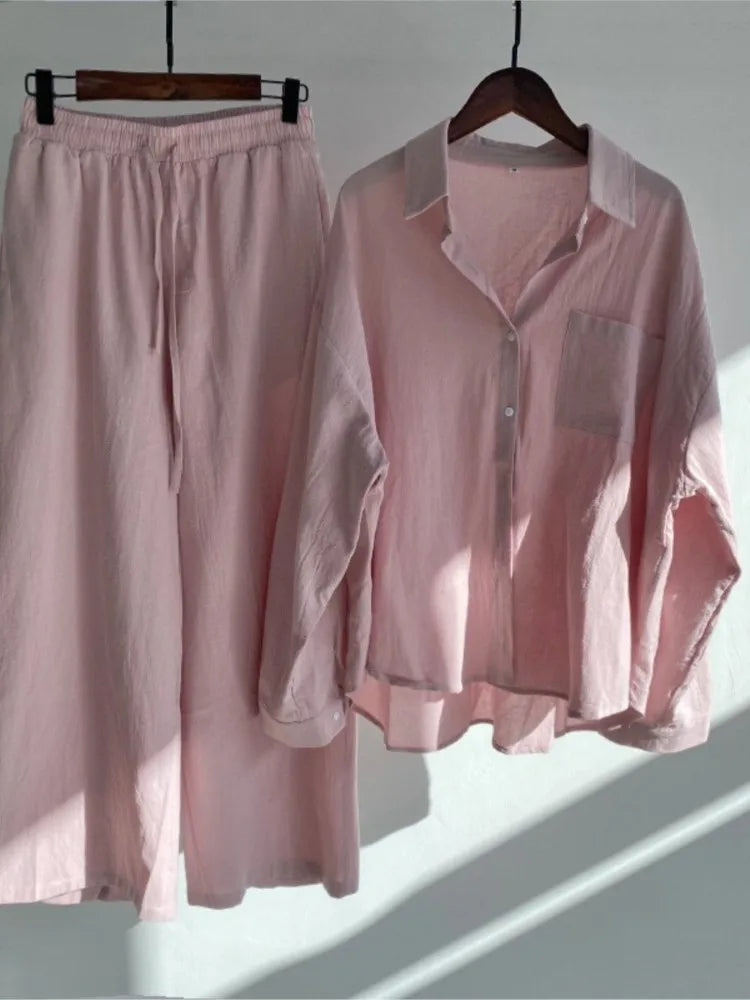 Spring Summer Women's Two Piece Casual Long Sleeve Shirt Women's Suit Fashion Button Casual Female Wide Leg Pants 2 Piece Sets