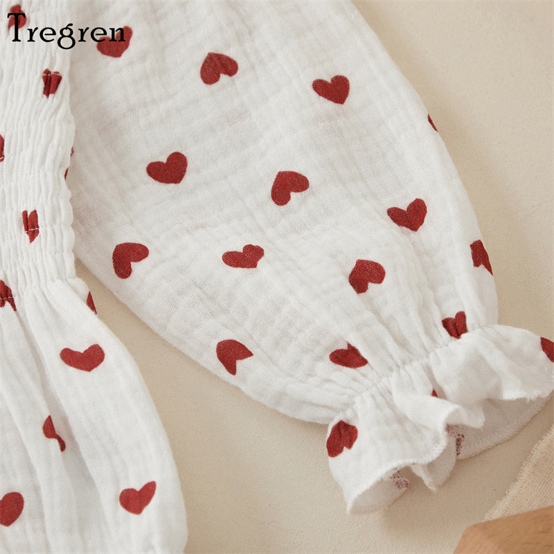 Tregren Infant Baby Girls Valentine's Day Romper Heart Print Long Sleeve Boat Neck Jumpsuits Spring Fall Bodysuits with Headband