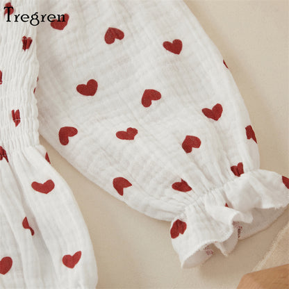 Tregren Infant Baby Girls Valentine's Day Romper Heart Print Long Sleeve Boat Neck Jumpsuits Spring Fall Bodysuits with Headband