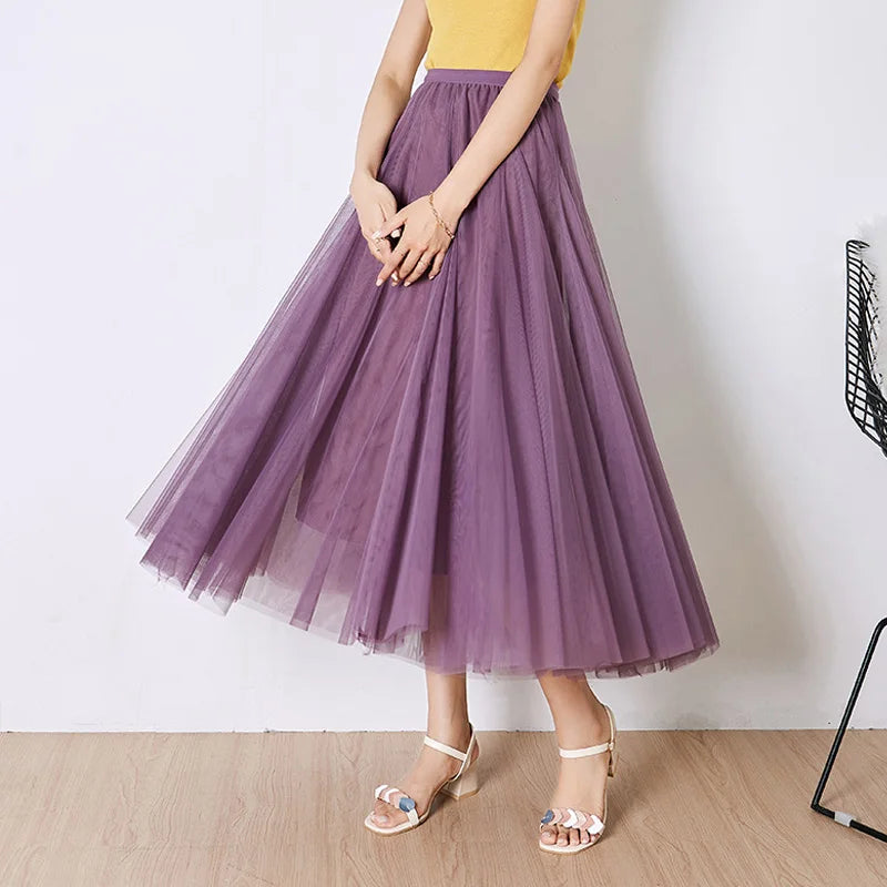 OHRYIYIE Beige Maxi Long Skirt Spring Autumn Women's 2025 New Summer Tulle Skirt Party Mesh A-line Skirts Female Juppe Longue